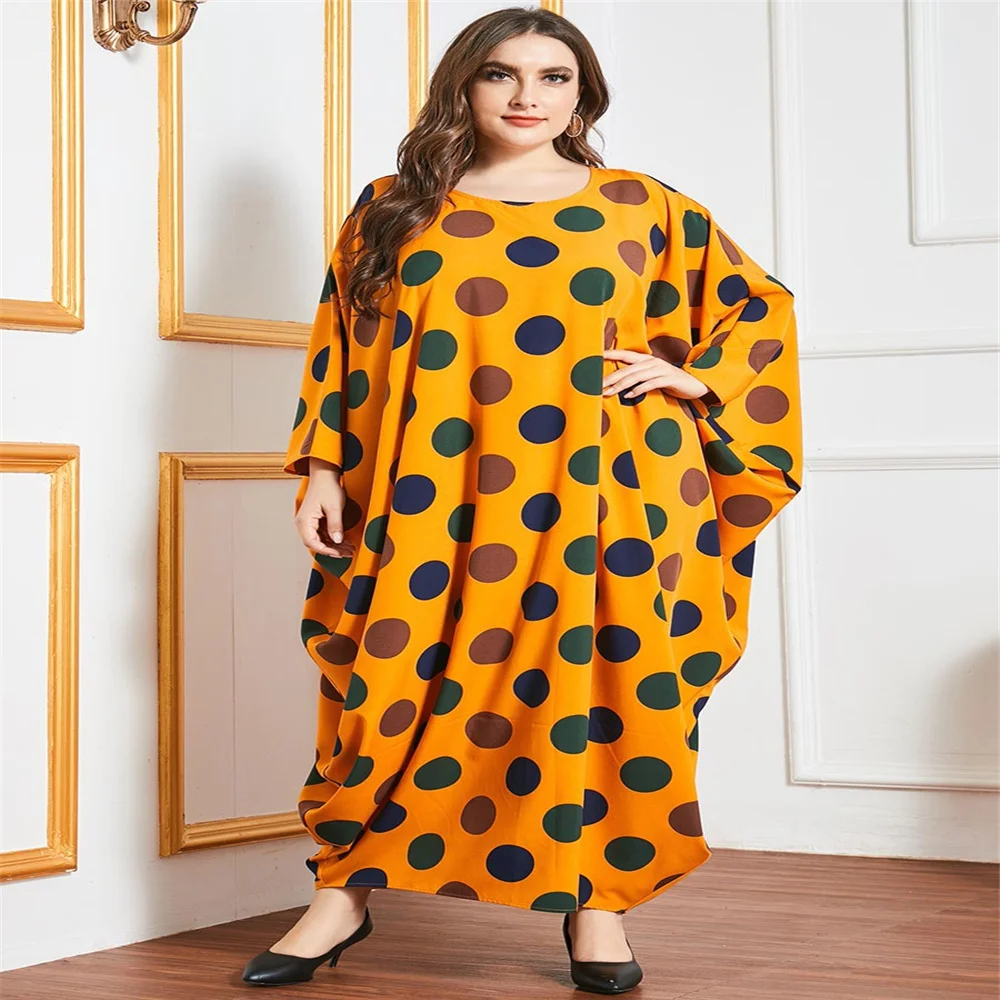 

Muslim Fashion Loose Dresses for Womens Dot Printing Bat Long Sleeves Ankle Length Round Neck Casual Wholesale Dropshipping