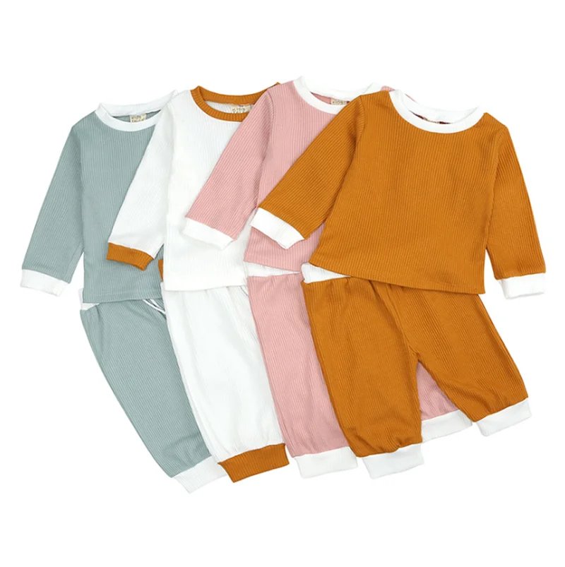 2020 Family Baby Girl Casual Suit Fashion Hang Striped Cloth Solid Color Children's Clothes Baby Boys Girls Clothes  2PCS