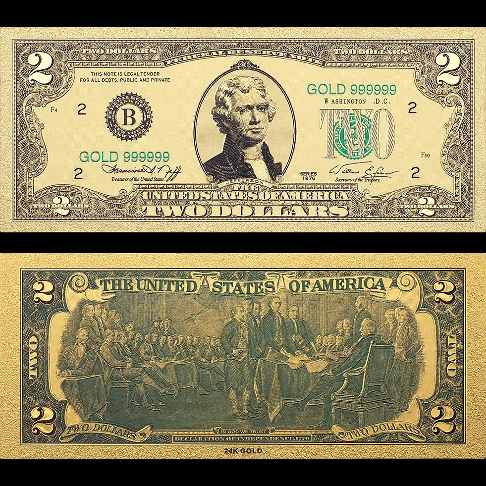 2 шт. купюры в виде двух американских долларов 24 К позолоченные с пластиковой