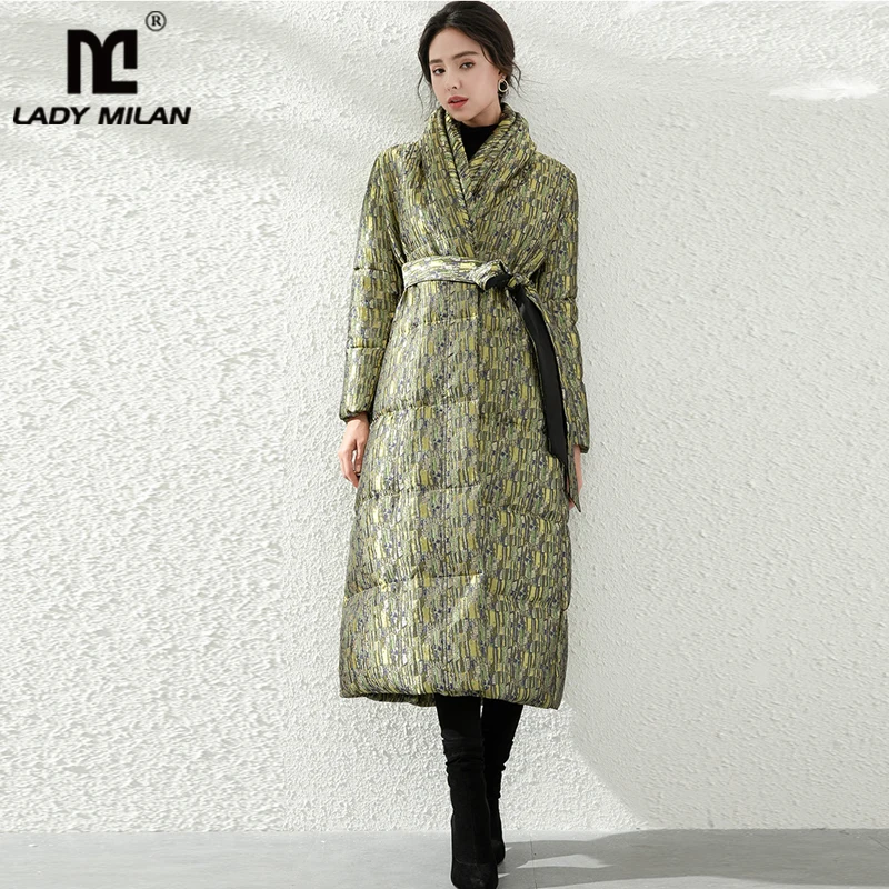 

Women's Runway Down Coats V Neck Long Sleeves Dobby White Duck Down Sash Belt Long Thick winter Overcoat Outerwear