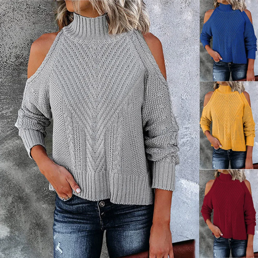 

Fashion Style Ladies Side Split Cold Shoulder Loose Knitting Pullover Sweaters
