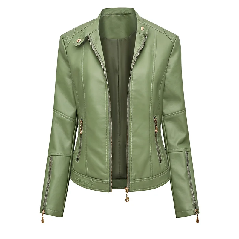 

Куртка женская кожаная на молнии, мотоциклетная верхняя одежда с тонкой талией, черная, бежевая, травяная, зеленая, красная, весна-осень