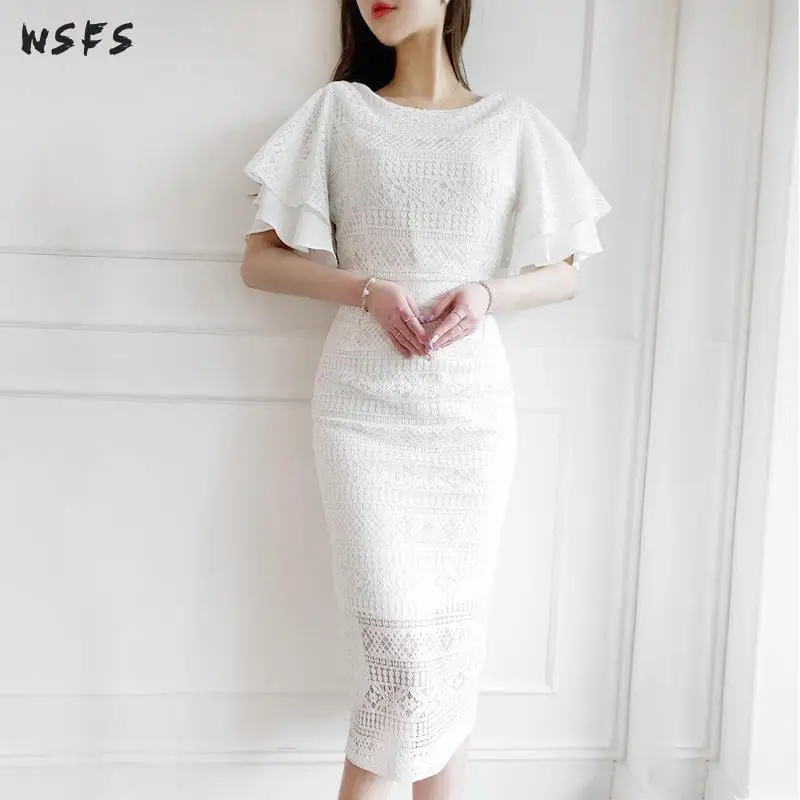 Летние белые платья с запахом облегающее женское кружевное платье миди оборками