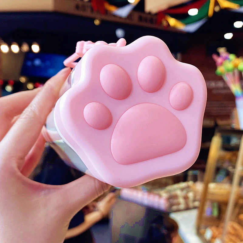 

New Lovely Cat Paw Water Bottle Creative Cute Transparent Plastic Milk Drinking Cup BPA Free Portable Anti fall Cups With Handle