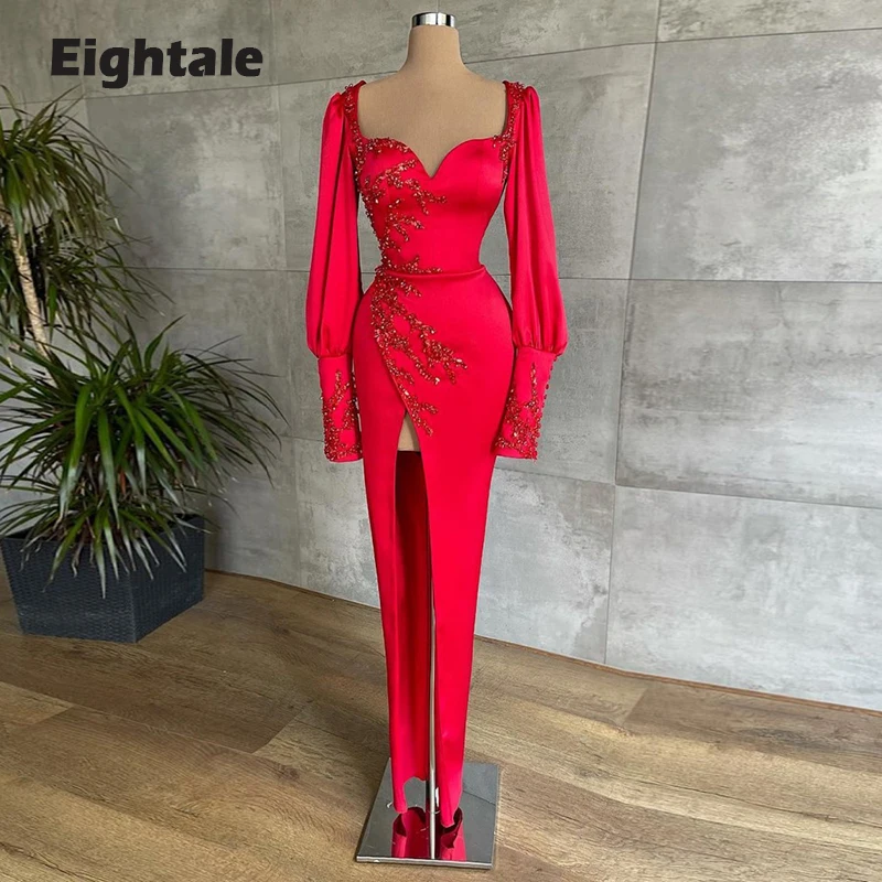 

Eightale Dubai Evening Dresses Long Luxury Gown Sweetheart Beaded Long Sleeves Mermaid Red Arabic Celebrity Party Prom Dress