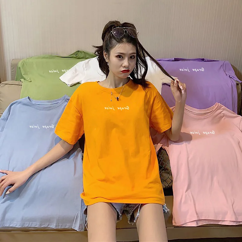 

T-shirt Oversized T-shirt Casual Female Shirt Loose Feminine Top Top Sweet Color Letter Imprint 2021 New Female Short Sleeve Fit
