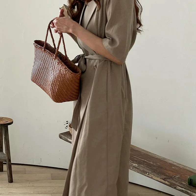 

Women Dress 2021 Summer Korea Temperament Elegant Ladies Lapel Single-Breasted Lace-Up Two Buttons Mid-Length Vestidos