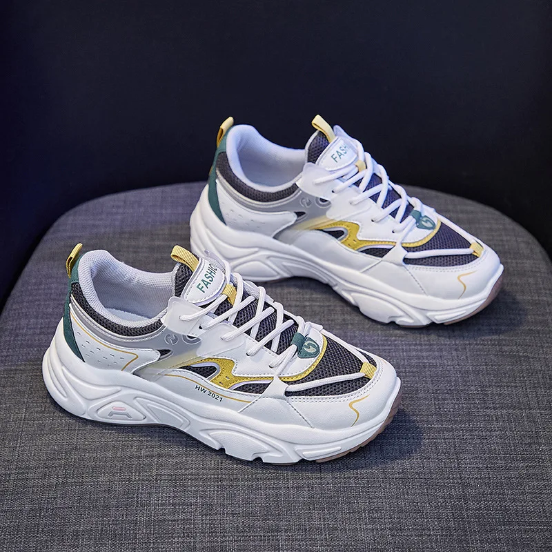 

Women Casual Sneakers Breathable Mesh Designer Chunky Platform Flats Sneakers White Thick Bottom Non-Slip Shoes 2021 New Fashion