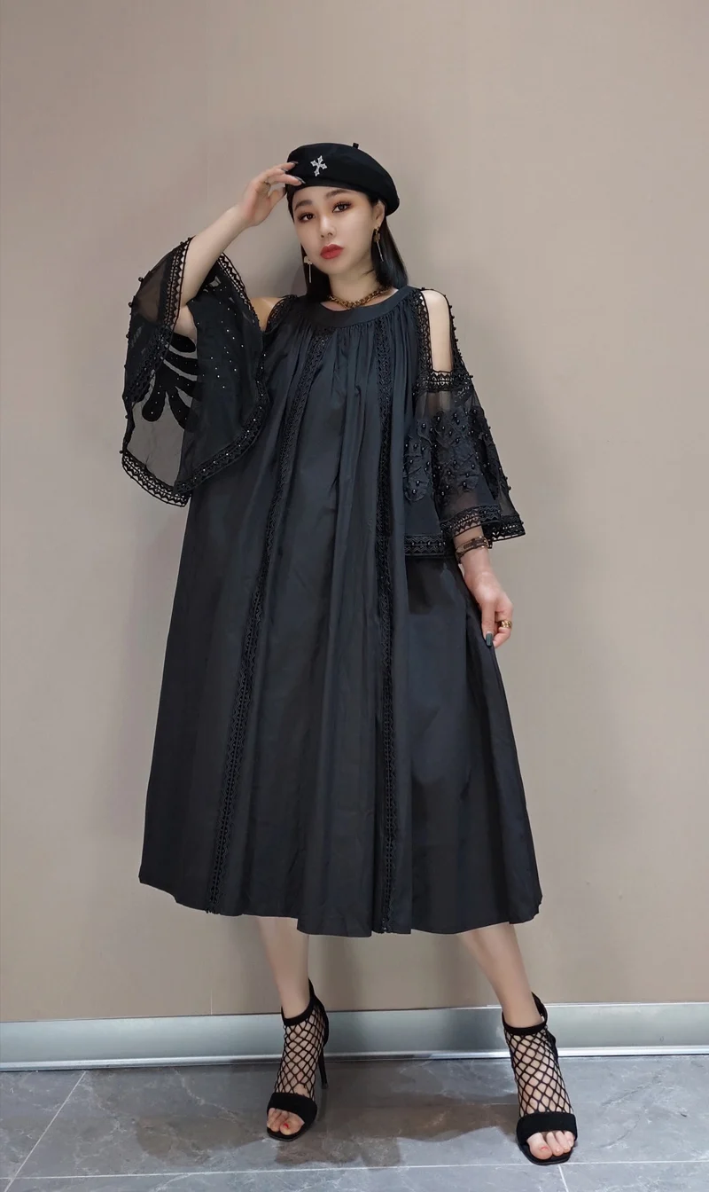 

Personlaity Lace Hollow Out Dress Women's Summer 2021 New Round Neck Large Size Long Sleeve Mid-calf Dresses Female