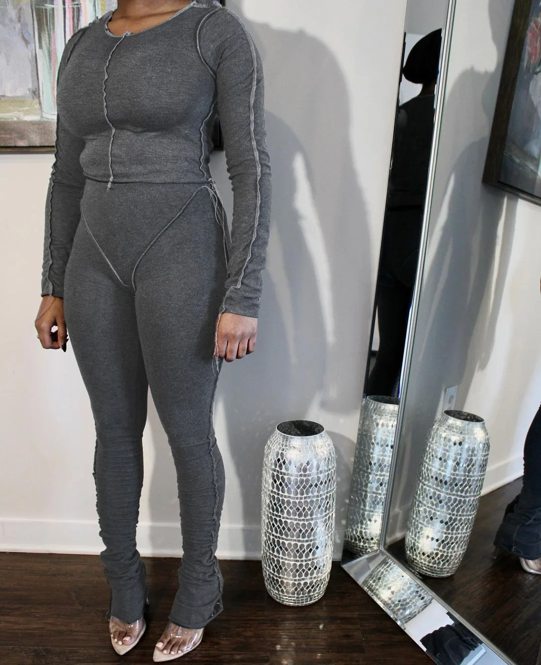 

Sporty Style Two Piece Set Women Herfst Streak Bright Line Decoration Long Sleeve Top+Sheath Slim All-Match Female Pants