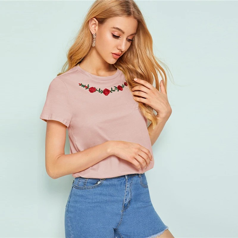 SHEIN женская футболка с вышитым цветочным принтом, женская одежда, топы, Повседневная летняя футболка с круглым вырезом и коротким рукавом