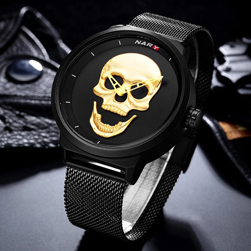 

2021 Luxury Black Big Dial Skull Watches Men Casual Sports Watches Stainless Steel Mesh Band Quartz Wristwatches Reloj Hombre
