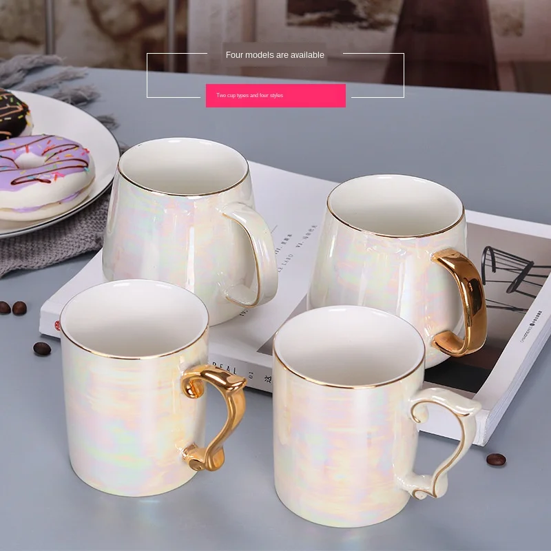 Новая керамическая кружка с жемчужной глазурью радужная глазурная золотая ручка