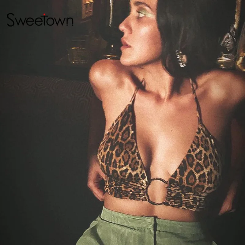 Sweetown с леопардовым принтом без косточек Топ для женщин Мода Лето 2021 на шнуровке