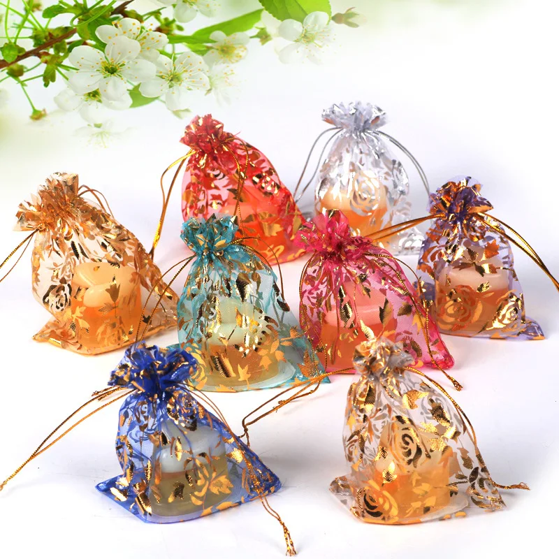 100pcs/lot 7x9cm 9x12cm Mixed Gold Heart Star Adjustable Drawstring Pouch Bags for Wedding Gifts Organza Jewelry Wholesale - купить по