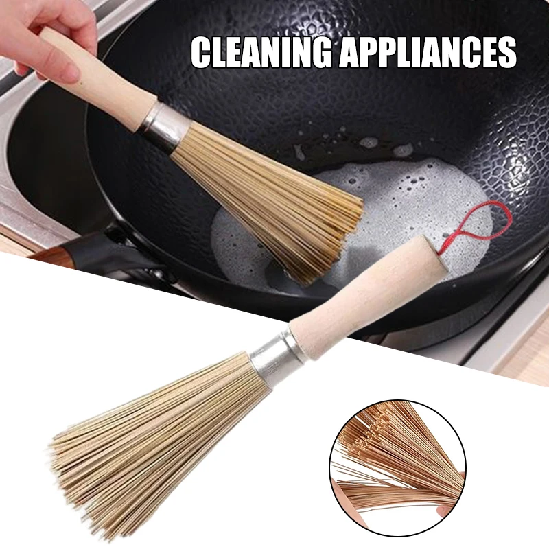 

Деревянная щетка для сковородок со шнурком и длинной ручкой, прочная щетка для мытья посуды, инструмент для чистки кухни, ресторана, кухонна...