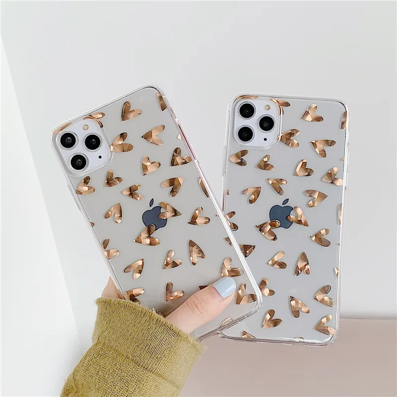 Прозрачный чехол с золотым покрытием и сердечком для iPhone 11 Pro Max XR X XS 7 8 Plus 6 S задняя