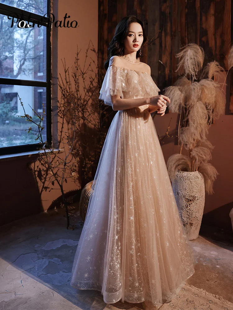 

Fashion Fairy Evening Gowns For Christmas Party 2021 O-Neck With Ruffles A-Line Floor-Length Shiny Glitter Tulle Long Gala Dress