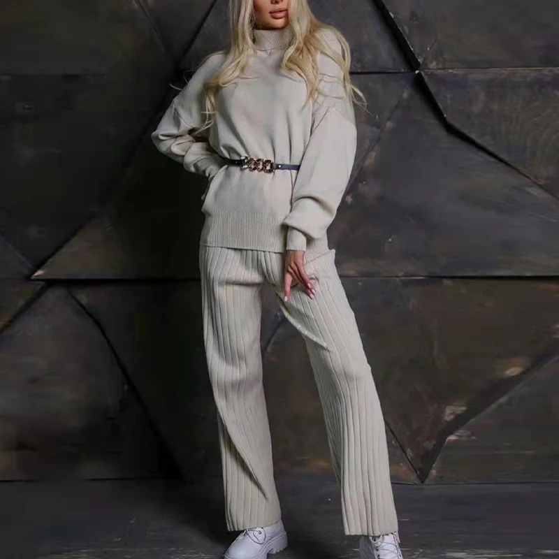 

Женский трикотажный комплект из двух предметов, водолазка с длинным рукавом и поясом, брюки на шнуровке, зимние модные комплекты для женщин,...