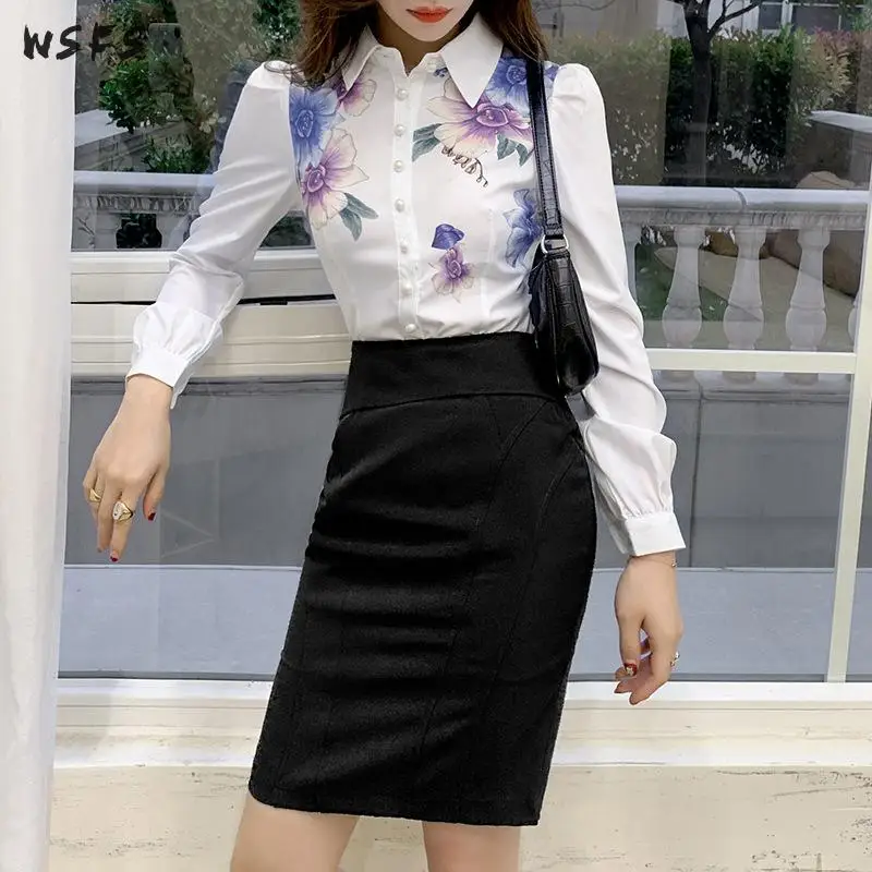 

2 Piece Set Womens Dress White Floral Shirt Tops Blouses Elegant Bandage Black Midi Pencil Wrap Skirt Clothes Sexy Party Dresses
