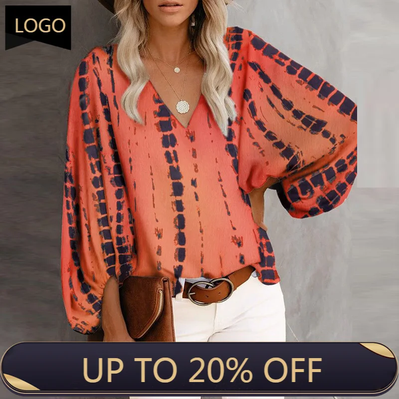 

Женская офисная блузка с длинным рукавом, элегантная рубашка с геометрическим принтом и V-образным вырезом, весна-лето 2021