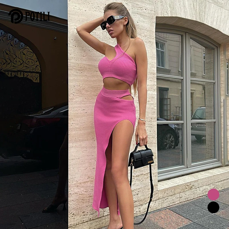 

POTILI 2022 New Fashion Women Solid 2 Piece One Shoulder Crop Tops Tanks Slit Midi Skirt Set Bodycon Sexy Party Elegant Outfit