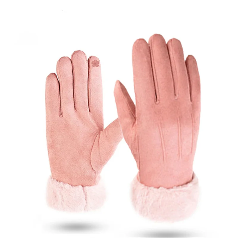 

New Winter Women Lace Warm Cashmere Three Ribs Cute Bear Mittens Double thick Plush Wrist Women Touch Screen Driving Gloves