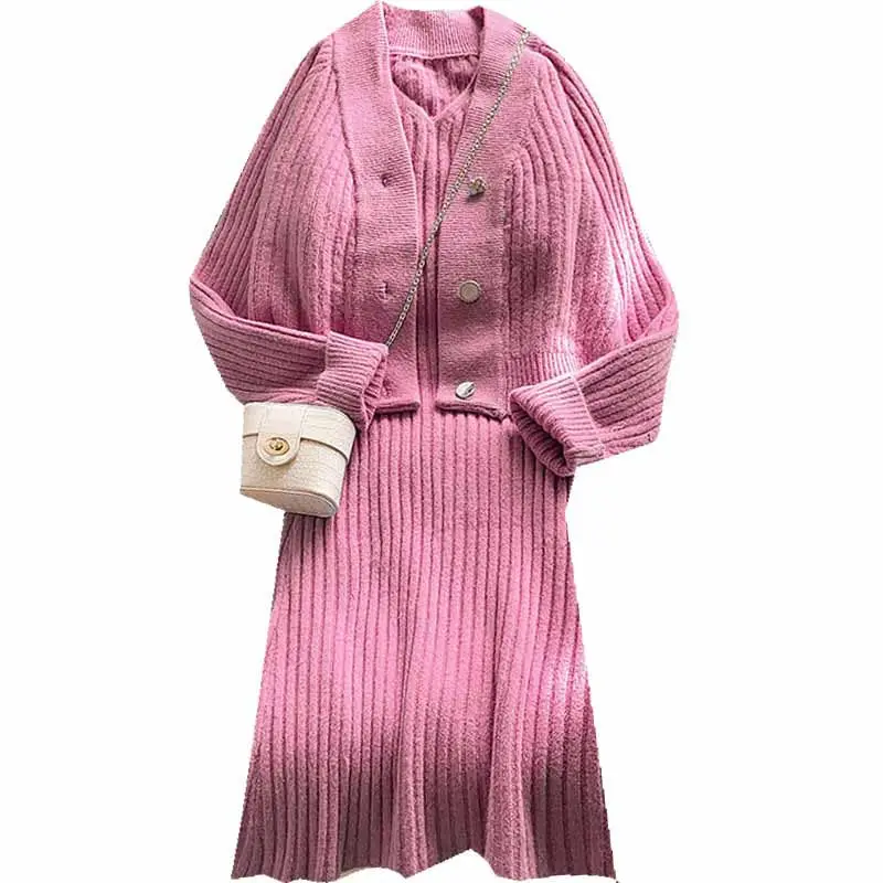 

Fashion Sweater Suit Women 2020 New Autumn Korean Knitted Dress Solid Color Simple Leisure Cardigan Jacket Two Piece Set y617