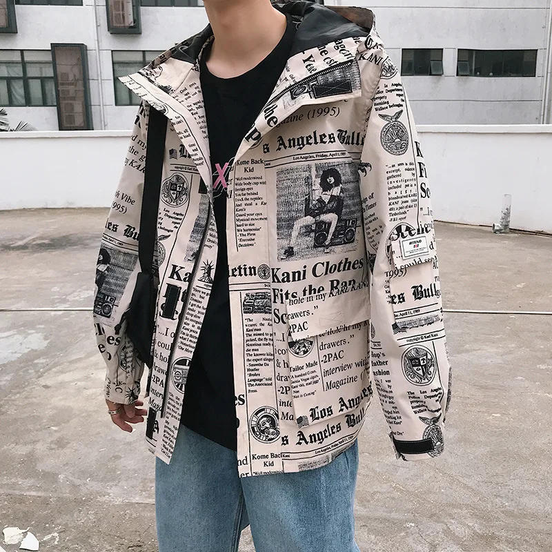 New Fashion Hooded Jacket Men Letter Print Coat Hip Hop Mens Loose Outerwear Harajuku Streetwear Coats Clothing | Мужская одежда
