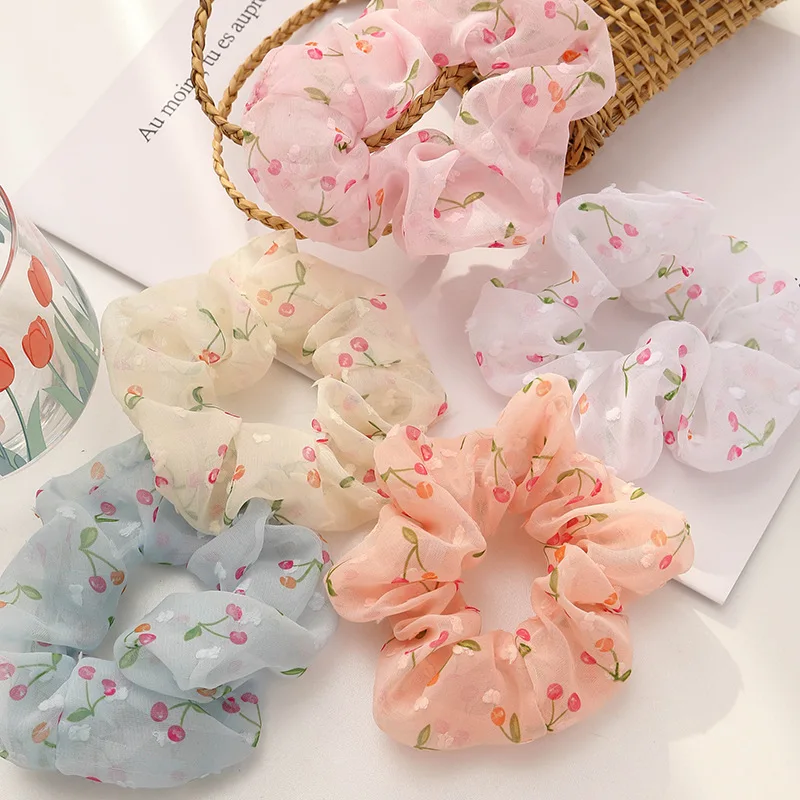

Summer Organza Scrunchie Ponytail Holder for Women Hair Tie Embroidery Cherry Flamingo Grid Mesh Elastic Rubber Band Wholesale