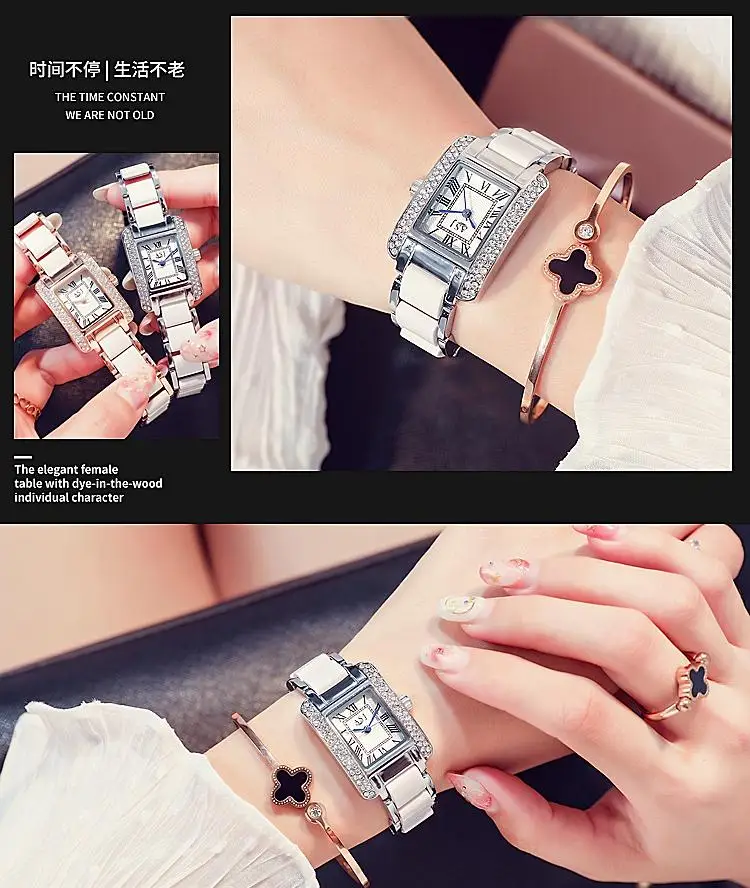 

Women Diamond Watch Starry Square Dial Bracelet Watches Set Ladies Ceramic strap Quartz Wristwatch Female Clock Zegarek Damski