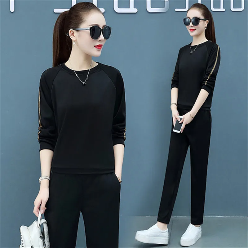 Женский спортивный костюм 2019 Осень Зима Плюс Размер Свободный двухсекционный