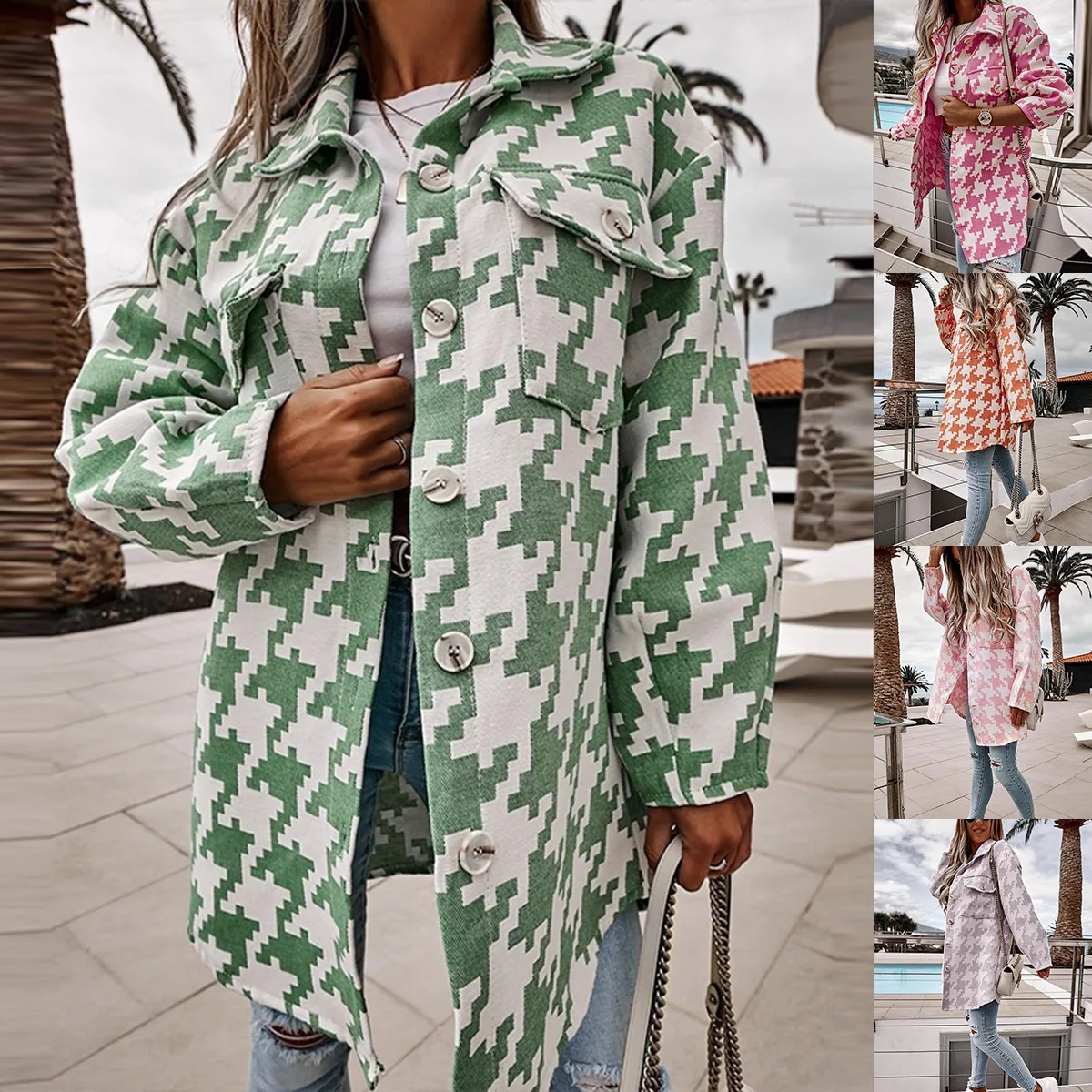 

Women's Printed Coat 2021 Autumn Winter New Fashion Loose Long Sleeve Thousand Bird Check Wool Coat Casual Female