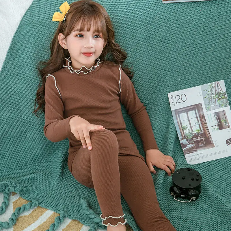 Girl's Underwear Pack Half Turtleneck Autumn and Winter Children's Long Johns Top & Bottom Set Girl's Wooden Ear Thickened Base