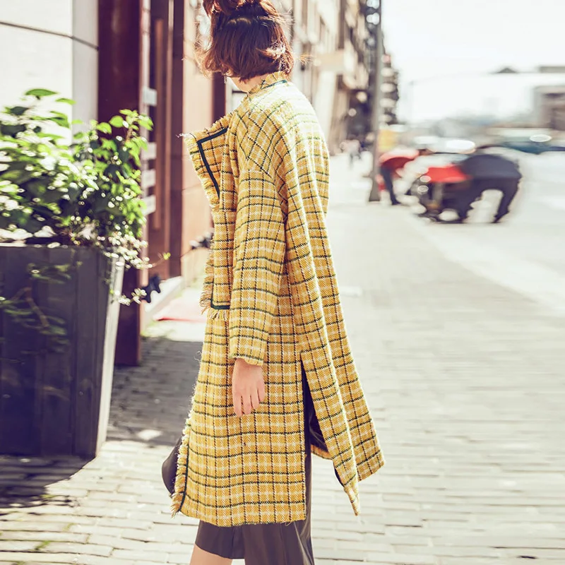 LANMREM клетчатое шерстяное пальто выше колена с бахромой шерстяное пальто женское зимнее Новое Женское Свободное пальто большого размера 19B-a44