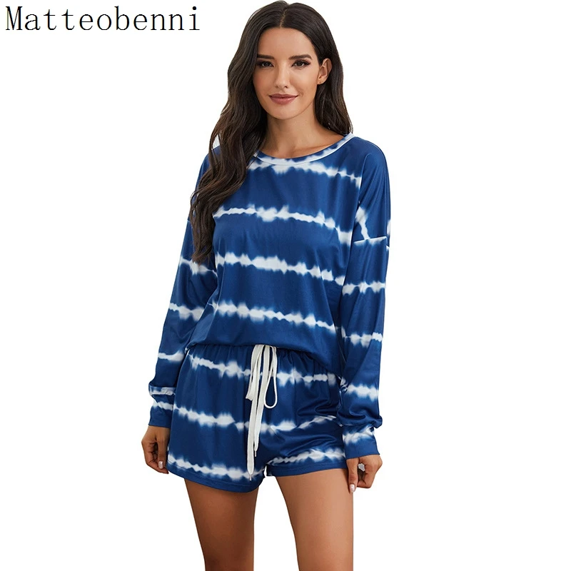 

Women Autumn casual Tie dye Two Piece Outfits Tracksuit Long Sleeve Top and Shorts Suits Spring 2pcs Matching Sets Lounge Wear