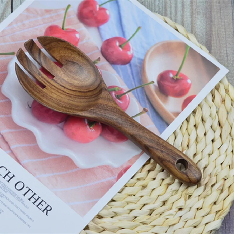 Скандинавская деревянная посуда для салата 5 комплектов (5 вилок + ложек)
