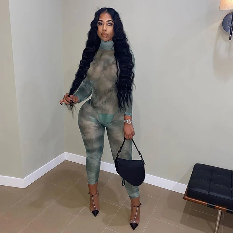 

Oluolin Jumpsuit Women Sexy Mesh Hot Sexy Transparent Two Piece Set Long Sleeve Bodysuit One Piece Outfits Club Wear Free Thong