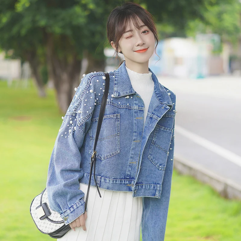 

Pearls Beading 2021 Srping Autumn Women Fashion Long Sleeve Turn-down Collar Slim Denim Jeans Jacket Coat Casual Overcoat Outfit