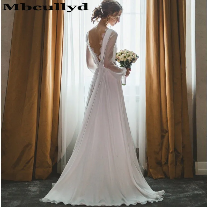 Mbcullyd Свадебные платья с расклешенными рукавами в стиле бохо 2019 струящиеся