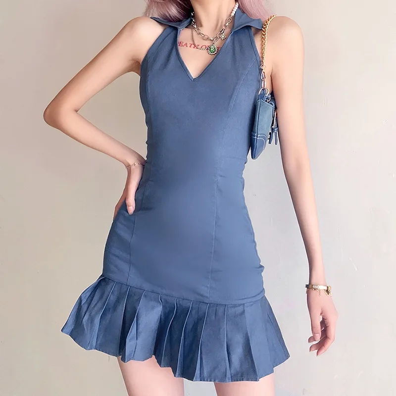 

Mini Dresses New High Waist Fashion Sleeveless Halter V-Neck Sling Package Hip Slim Casual Ruffle Dress Robes Sexy Women 2021