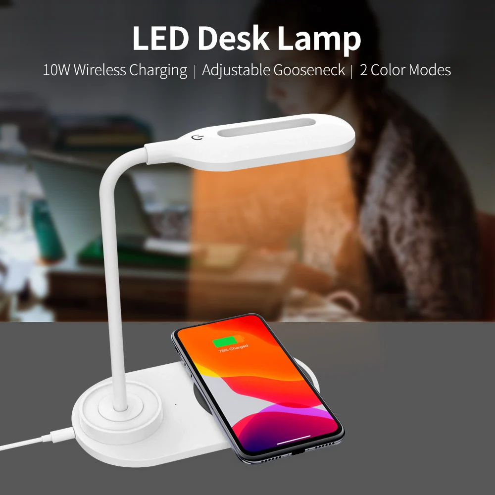 

Touch Control LED Desk Lamp with Wireless Charger Eye Caring Reading Light for Home Office 2 Color Modes Adjustable Gooseneck