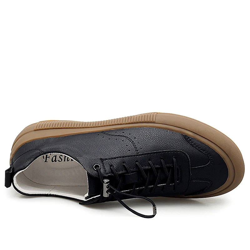 

PopularMen Designer Sneakers Black Genuine Leather Shoes For Men Elastic Band Young Casual Men Shoes Wearable Mens Flats Shoes