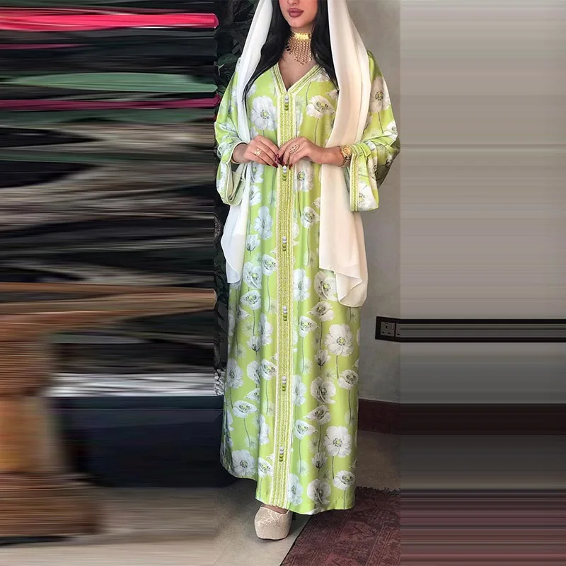 Длинная юбка, платье для женщин, мусульманское, русское, с принтом в этническом стиле, для Ближнего Востока, кимоно с v-образным вырезом