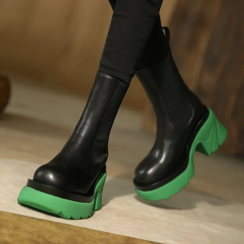 

2021 Fashion Mixed Colors Platform Women Shoes Slip On Thick High Heel Ankle Boots Ladies Round Toe Autumn Winter Leather Boots