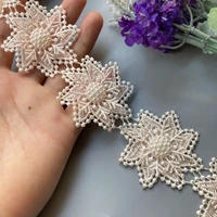 1 yard 5cm pink flower pearl snowflake lace trim ribbon handmade beaded embroidered double layered applique dress sewing craft