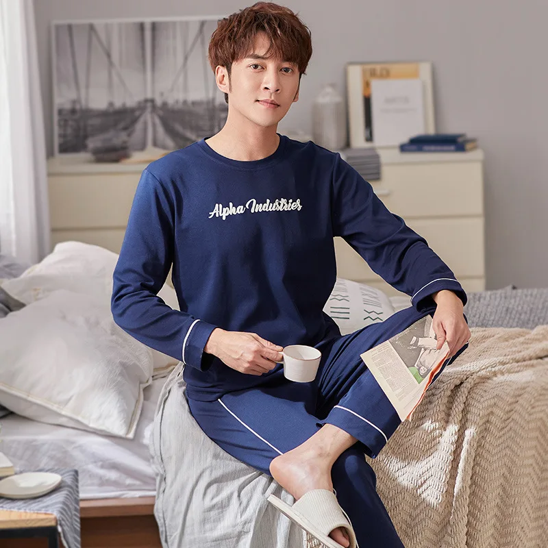 

10 Style Pajama Set Men's Autumn Cotton Long Sleeve Trousers O-neck Pullover Simple Home Clothes Two-piece Suit Men Nightwear