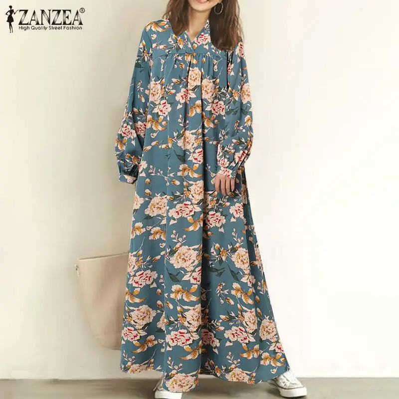 

Womens Bohemian Fashion Floor Dress ZANZEA Elegant V Neck Robe Longue 2021 Autumn Printed Vestido Casual Holiday Vintage Dresses