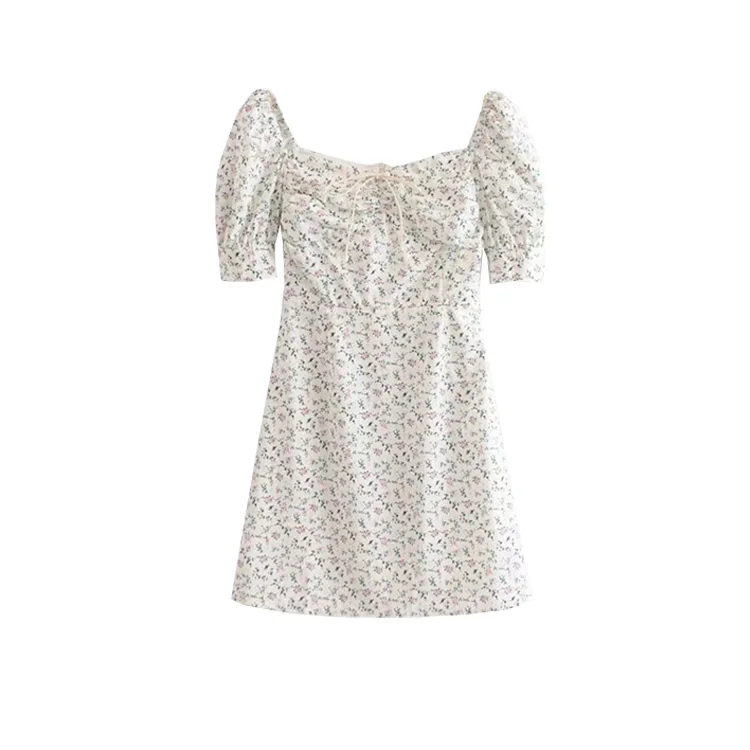 

Super Popular French Minority Retro off-Shoulder Small Floral Square Collar Short Sleeve Dress Travel Holiday Style Short Skirt