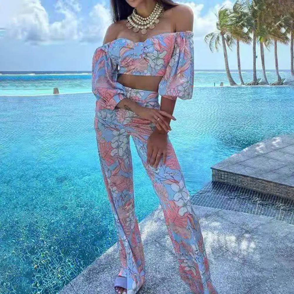 

Women Fashion Autumn 2 Piece Sets Print suits Summer Beach Streetwear Autumn 2 Piece SetsTops +Elegant Long Pants